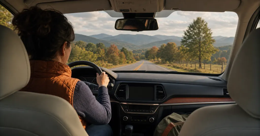 Driver looking toward the North Carolina foothills while preparing to shop for auto insurance