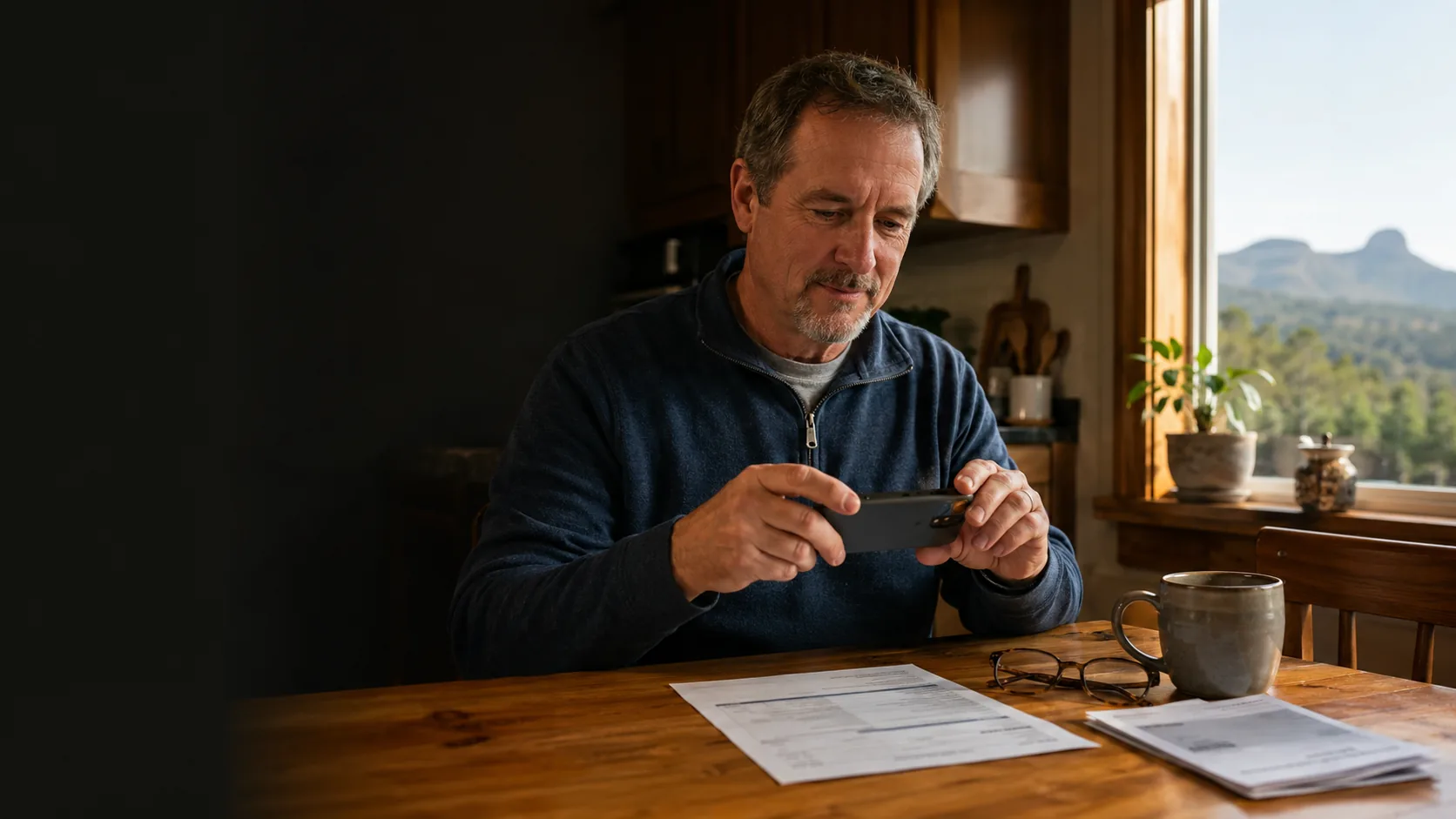 A North Carolina homeowner photographing his insurance declarations page with a smartphone at his kitchen table, Pilot Mountain visible through the window